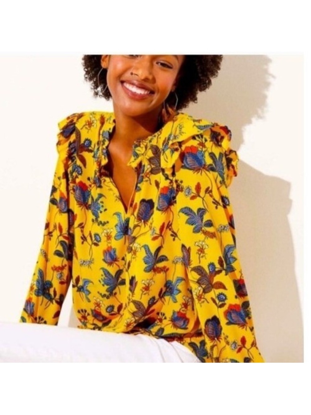 Loft Floral Long Sleeve Keyhole Ruffle Blouse Career Work Yellow Blue Large